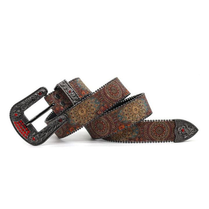 Engraved Zombie Art Buckle Belt Red Encrusted Strap with Rhinestones