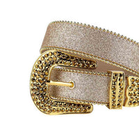 Champagne Gold Gleaming Genuine Leather Belt and Gold Buckle with Gold Rhinestones