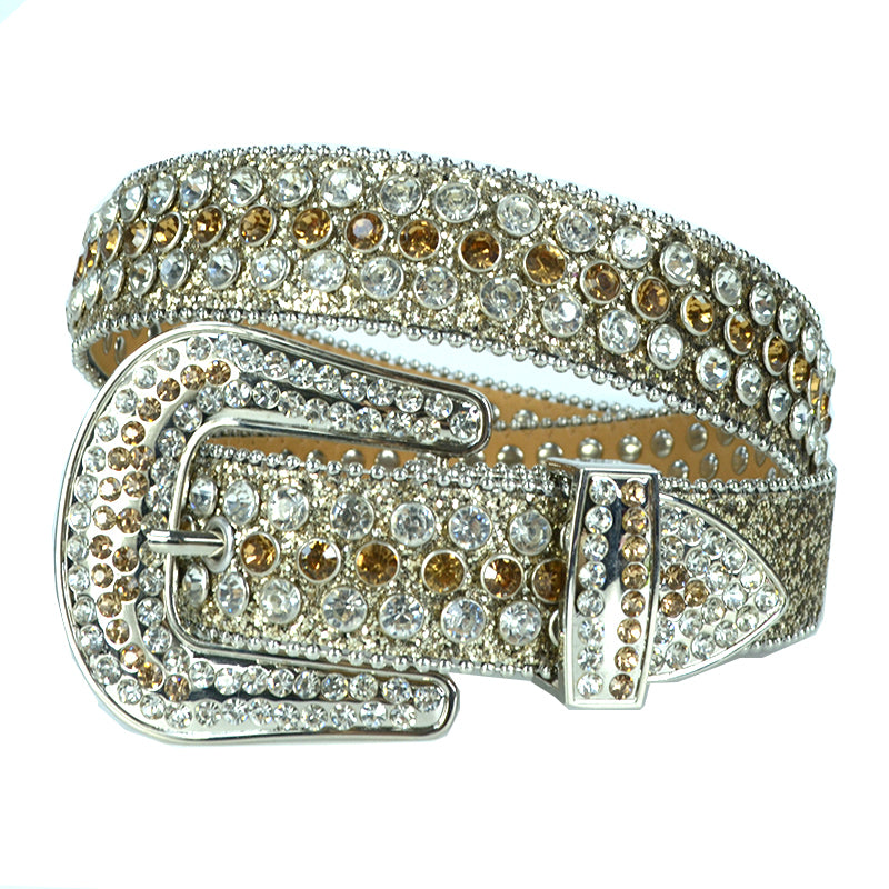 Beaded-Trim Crystal Rhinestone Western Belt with Silver Buckle