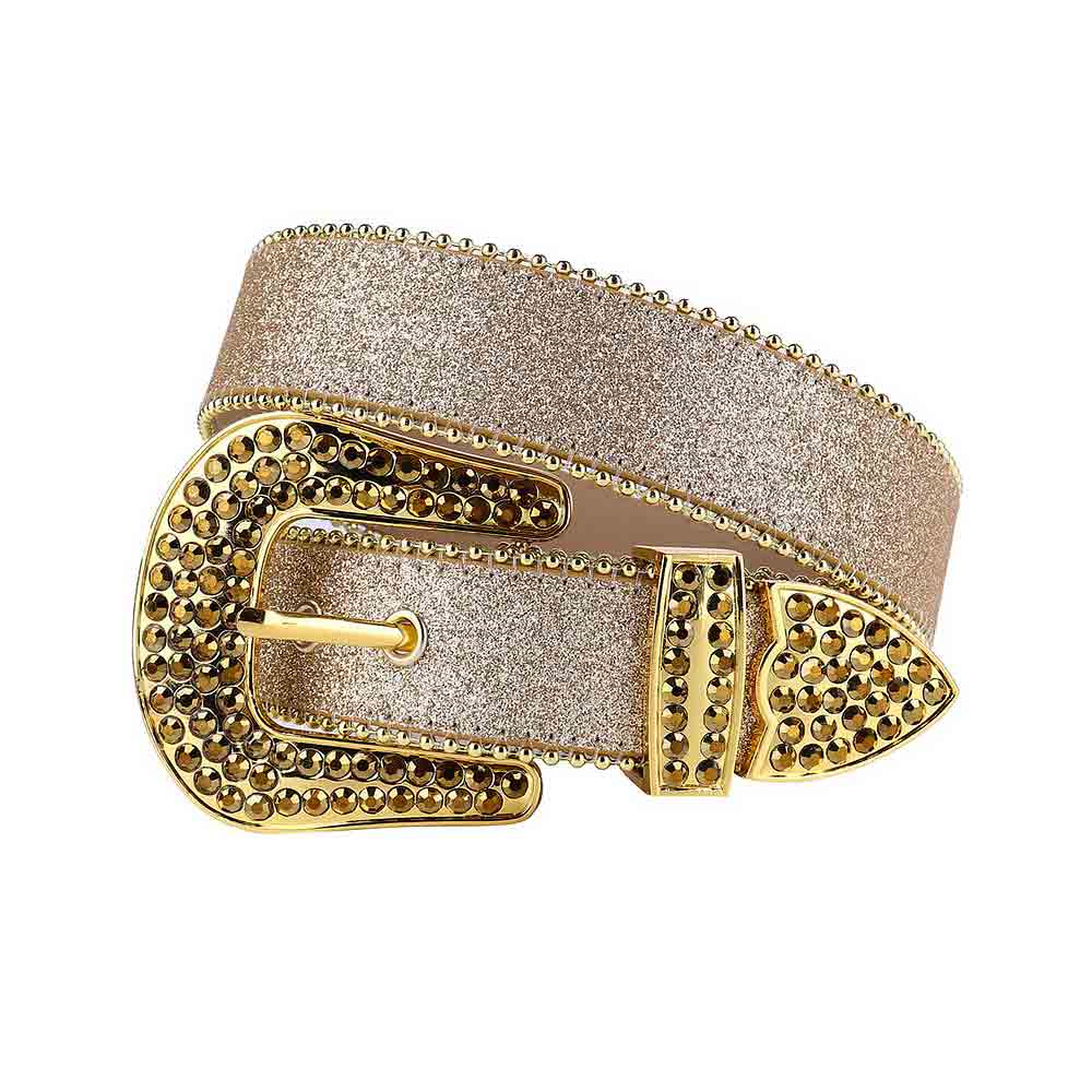Champagne Gold Gleaming Genuine Leather Belt and Gold Buckle with Gold Rhinestones