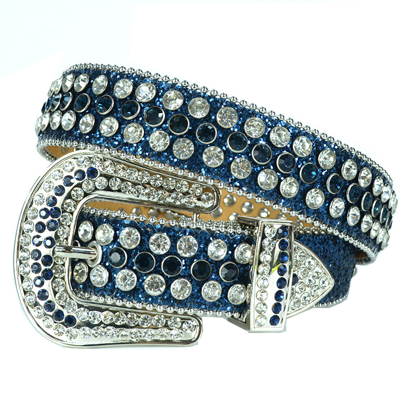 Beaded-Trim Crystal Rhinestone Western Belt with Silver Buckle