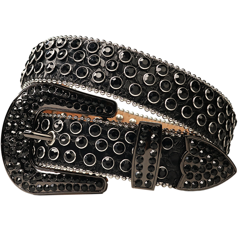 Dotted Crystal Rhinestone Western Belt with Rounded Silver Buckle