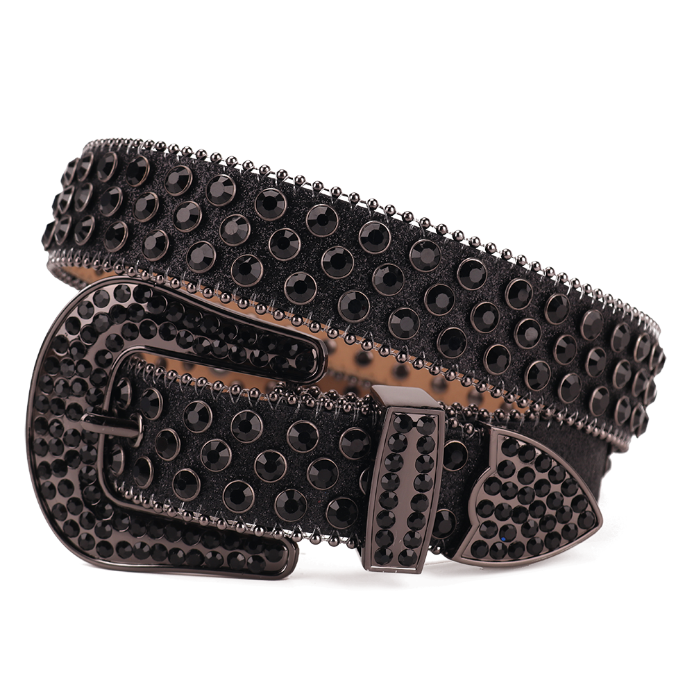 Jet Black Cluster-Set Crystal Rhinestone Western Belt with Beaded-Edge Buckle