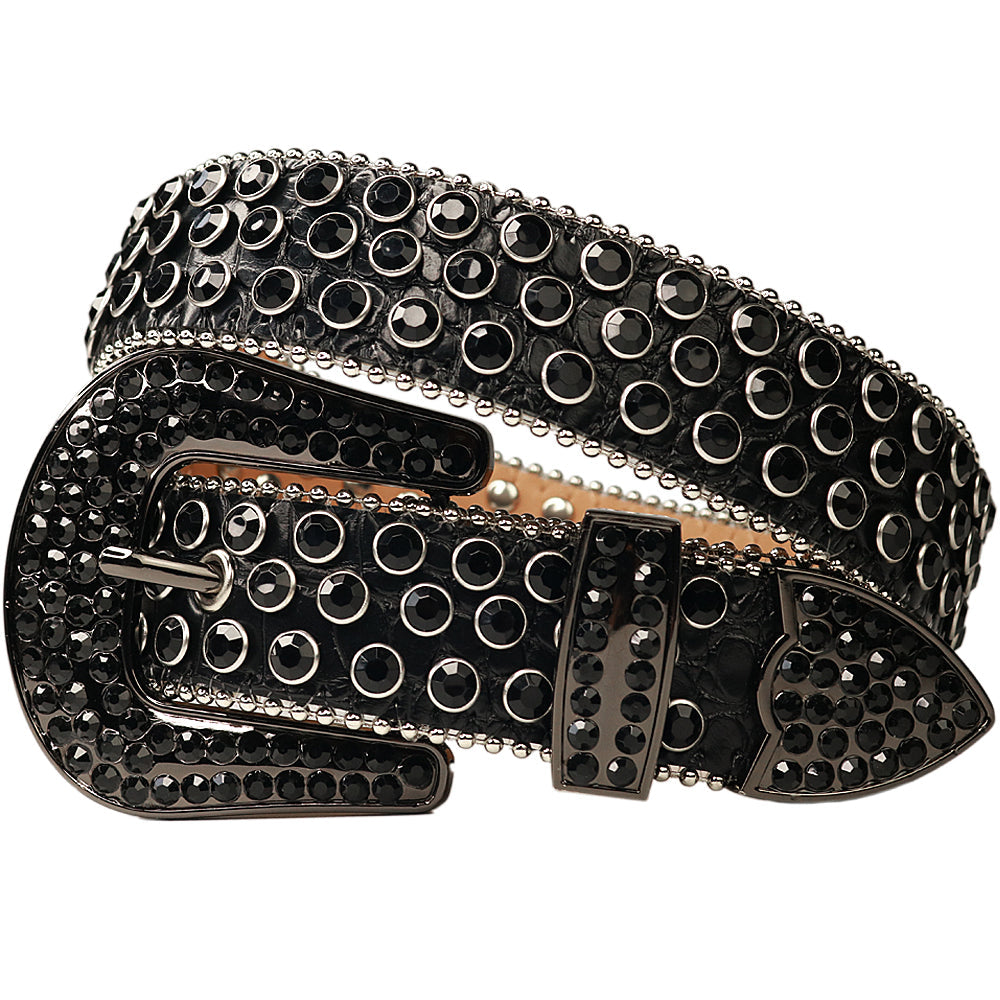 Full Black Wave Buckle Crystal Rhinestone Western Belt