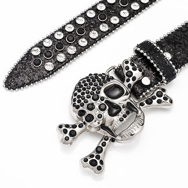 Skull Buckle Black Strap Belt with Black and White Adorned Rhinestones