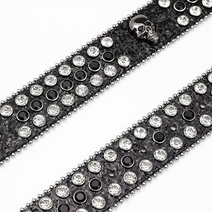 Skull Buckle Black Strap Belt with Black and White Adorned Rhinestones