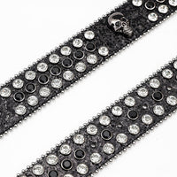 Skull Buckle Black Strap Belt with Black and White Adorned Rhinestones