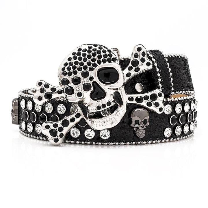 Skull Buckle Black Strap Belt with Black and White Adorned Rhinestones