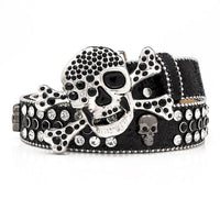 Skull Buckle Black Strap Belt with Black and White Adorned Rhinestones