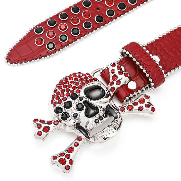 Skull Buckle Red Strap Belt with Black and Red Adorned Rhinestones