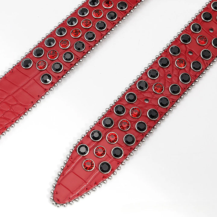 Skull Buckle Red Strap Belt with Black and Red Adorned Rhinestones
