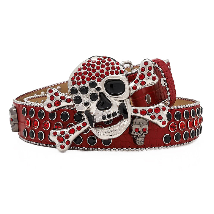 Skull Buckle Red Strap Belt with Black and Red Adorned Rhinestones