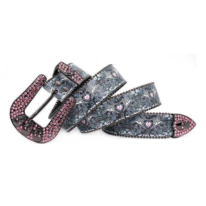 Skull Buckle Spider Strap Belt with Pink Embellished Rhinestones