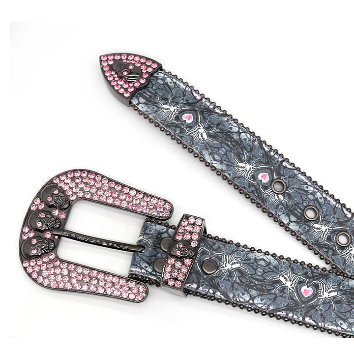 Skull Buckle Spider Strap Belt with Pink Embellished Rhinestones