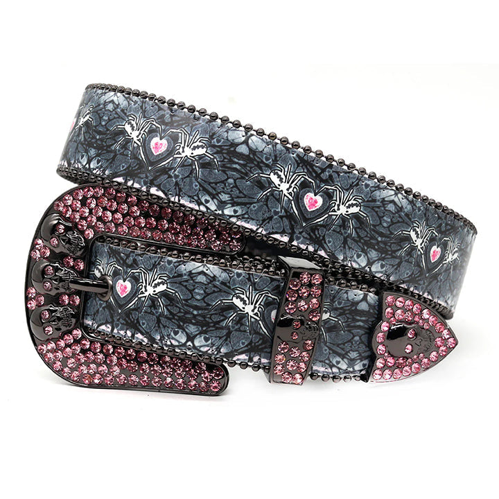 Skull Buckle Spider Strap Belt with Pink Embellished Rhinestones
