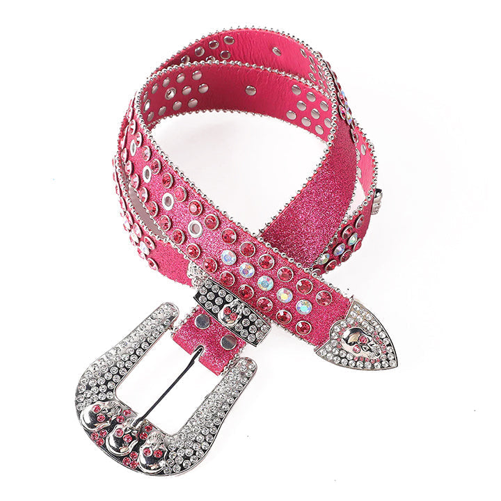 Skull Buckle Pink Shiny Strap Belt with Faceted Crystal Embellished Rhinestones