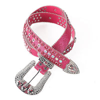 Skull Buckle Pink Shiny Strap Belt with Faceted Crystal Embellished Rhinestones