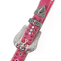 Skull Buckle Pink Shiny Strap Belt with Faceted Crystal Embellished Rhinestones