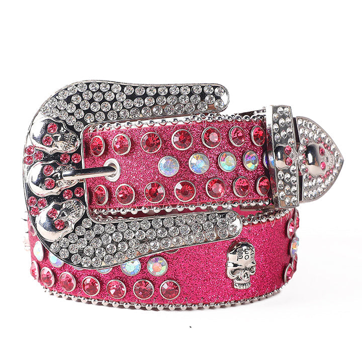 Skull Buckle Pink Shiny Strap Belt with Faceted Crystal Embellished Rhinestones