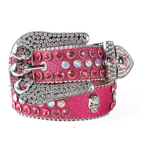 Skull Buckle Pink Shiny Strap Belt with Faceted Crystal Embellished Rhinestones