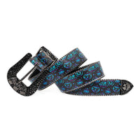 Skull Buckle Halloween Strap Belt with Black Embellished Rhinestones