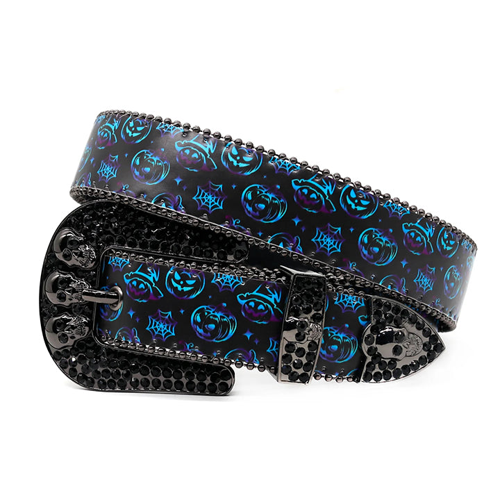 Skull Buckle Halloween Strap Belt with Black Embellished Rhinestones
