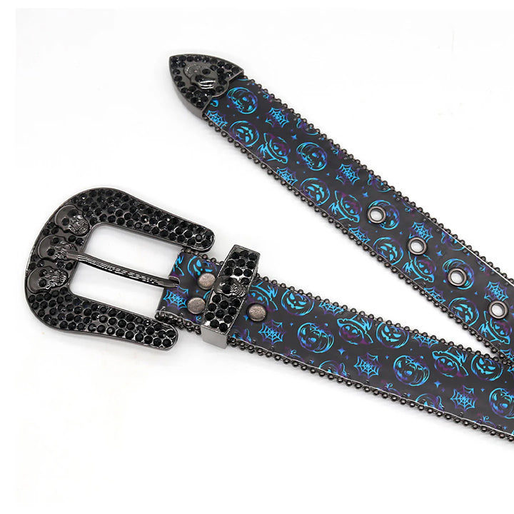 Skull Buckle Halloween Strap Belt with Black Embellished Rhinestones