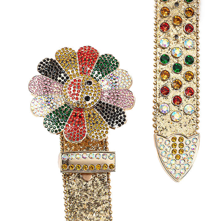 Flower Buckle Gold Strap Belt with Multi-Color Encrusted Rhinestones