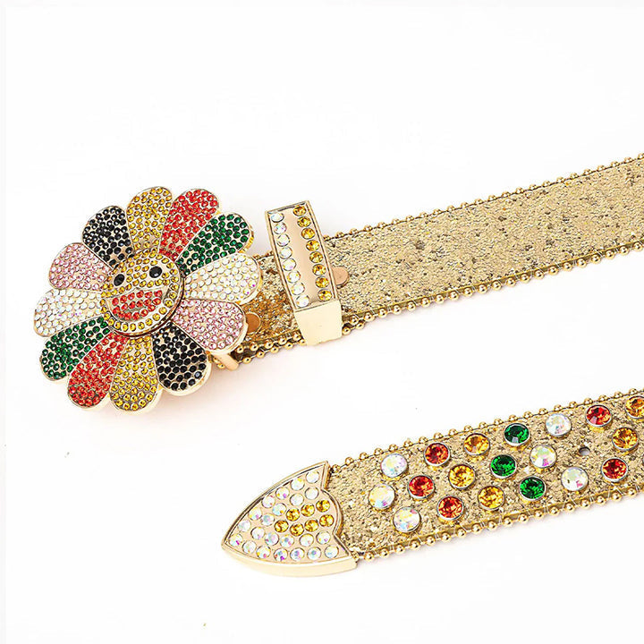 Flower Buckle Gold Strap Belt with Multi-Color Encrusted Rhinestones