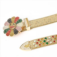 Flower Buckle Gold Strap Belt with Multi-Color Encrusted Rhinestones