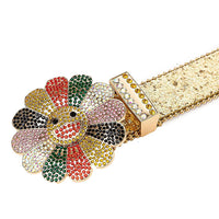 Flower Buckle Gold Strap Belt with Multi-Color Encrusted Rhinestones
