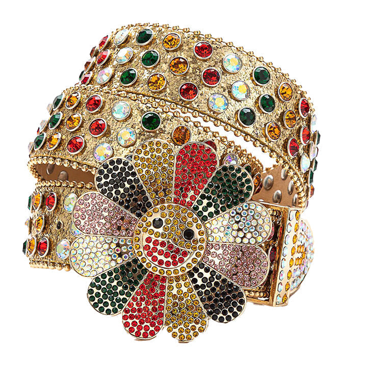 Flower Buckle Gold Strap Belt with Multi-Color Encrusted Rhinestones