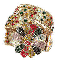 Flower Buckle Gold Strap Belt with Multi-Color Encrusted Rhinestones