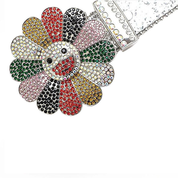 Flower Buckle Silver Strap Belt with Multi-Color Adorned Rhinestones