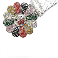 Flower Buckle Silver Strap Belt with Multi-Color Adorned Rhinestones