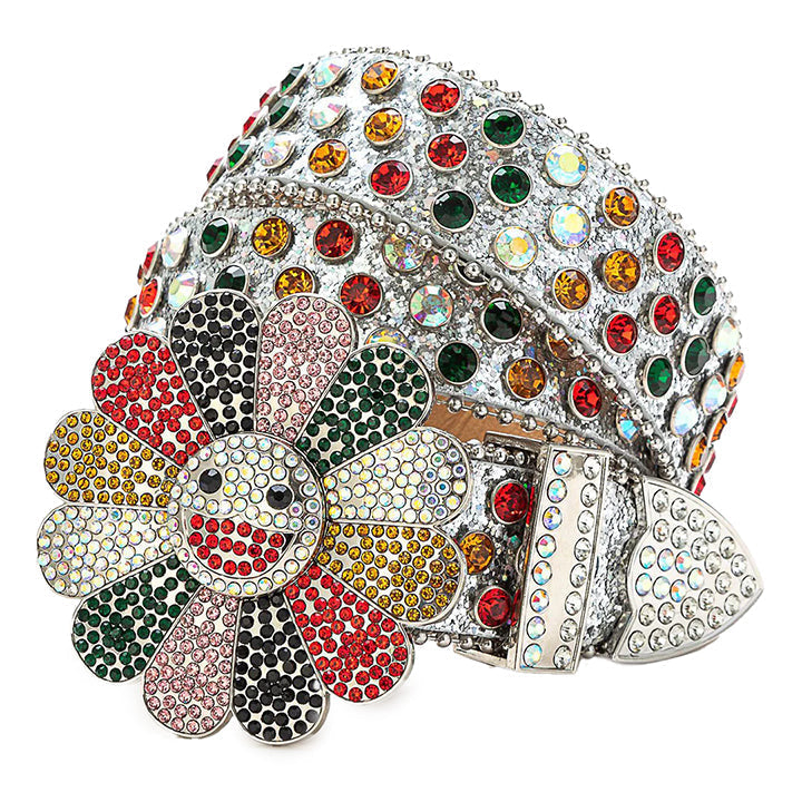 Flower Buckle Silver Strap Belt with Multi-Color Adorned Rhinestones