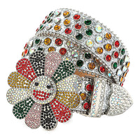 Flower Buckle Silver Strap Belt with Multi-Color Adorned Rhinestones