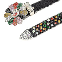 Flower Buckle Black Strap Belt with Multi-Color Embellished Rhinestones