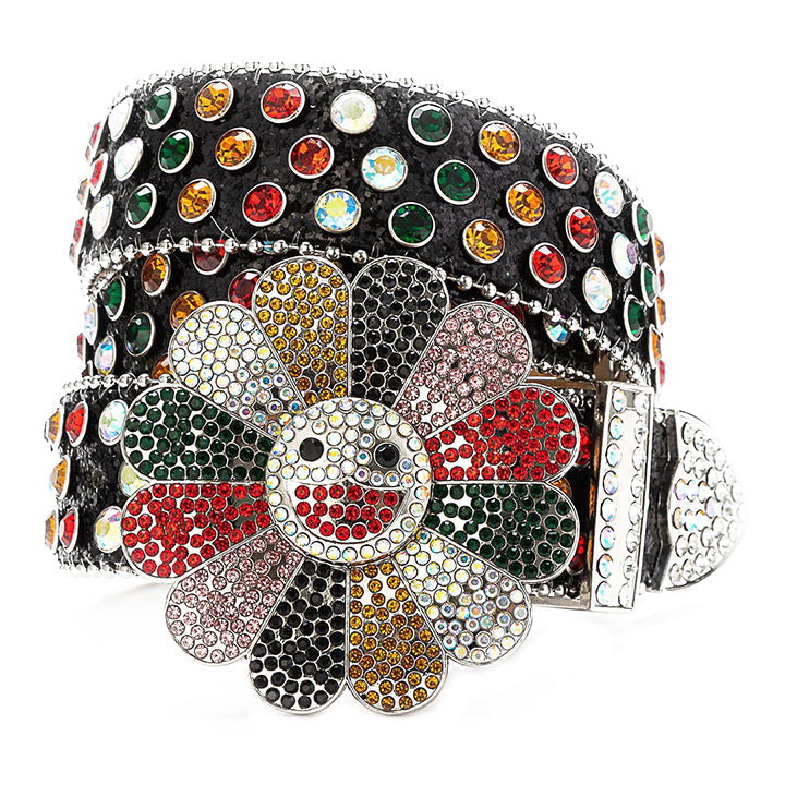 Flower Buckle Black Strap Belt with Multi-Color Embellished Rhinestones