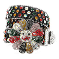 Flower Buckle Black Strap Belt with Multi-Color Embellished Rhinestones