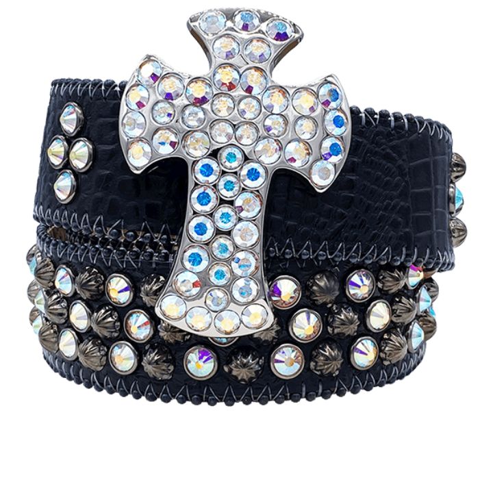 Black Leather Rhinestone Cross Waist Belt