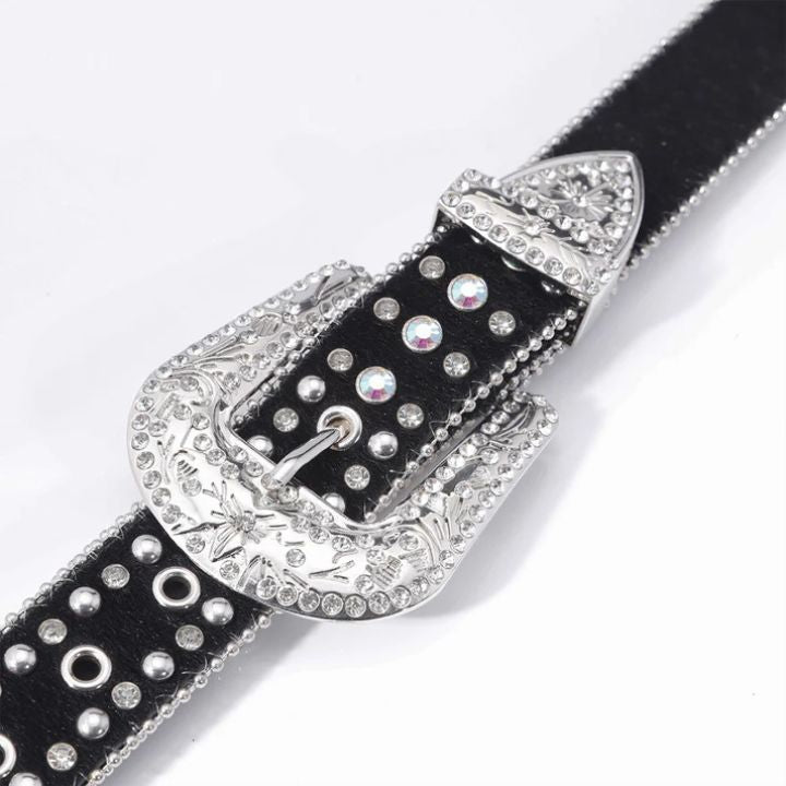 Engraved Buckle Pink Cross Waist Belt Black Strap with White Rhinestones