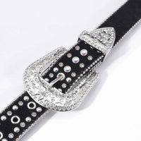 Engraved Buckle Pink Cross Waist Belt Black Strap with White Rhinestones