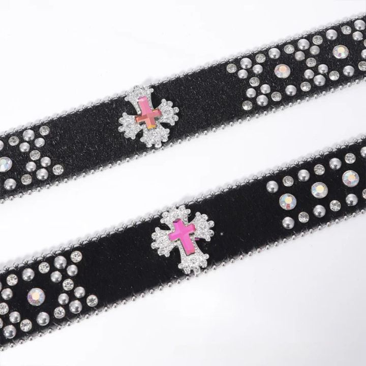 Engraved Buckle Pink Cross Waist Belt Black Strap with White Rhinestones