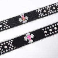 Engraved Buckle Pink Cross Waist Belt Black Strap with White Rhinestones