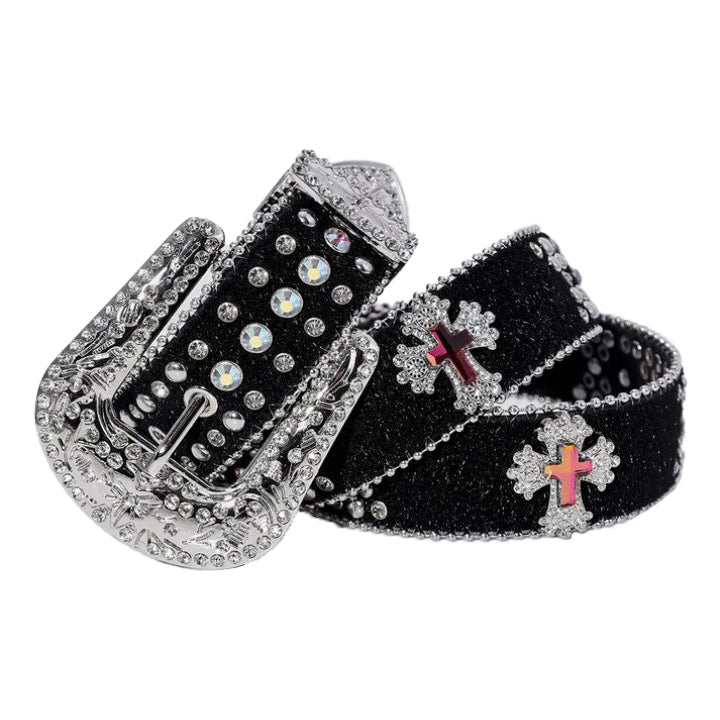 Engraved Buckle Pink Cross Waist Belt Black Strap with White Rhinestones