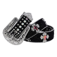 Engraved Buckle Pink Cross Waist Belt Black Strap with White Rhinestones