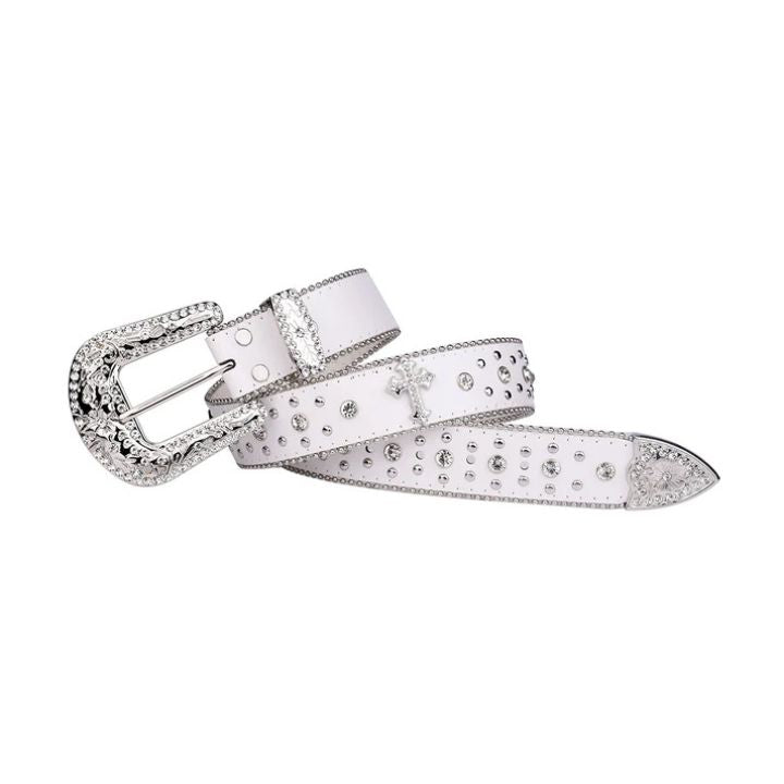 Engraved Buckle Cross White Strap with Faceted Crystal Rhinestones Belt