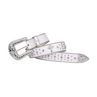 Engraved Buckle Cross White Strap with Faceted Crystal Rhinestones Belt