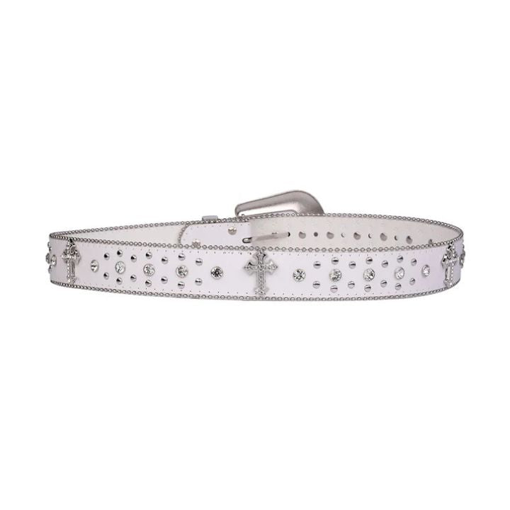 Engraved Buckle Cross White Strap with Faceted Crystal Rhinestones Belt